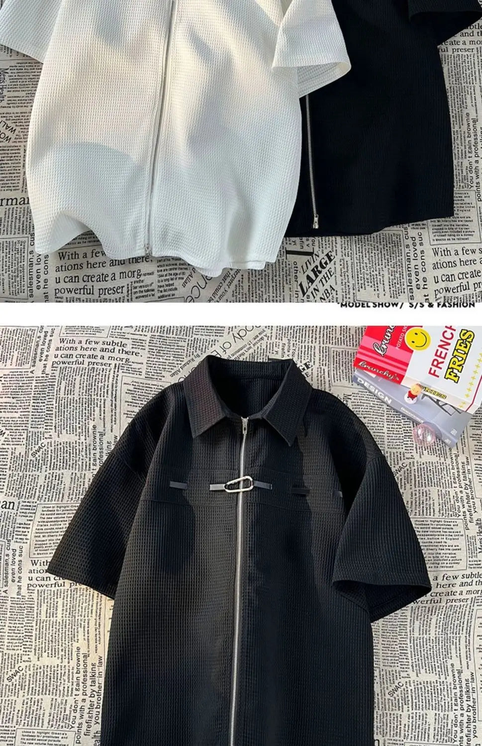 Riolio Niche Design Zipper Shirt Men's Short-sleeved Summer 2025 New Waffle High-end Casual Shirt Hip Hop Unisex Zipper Blouse