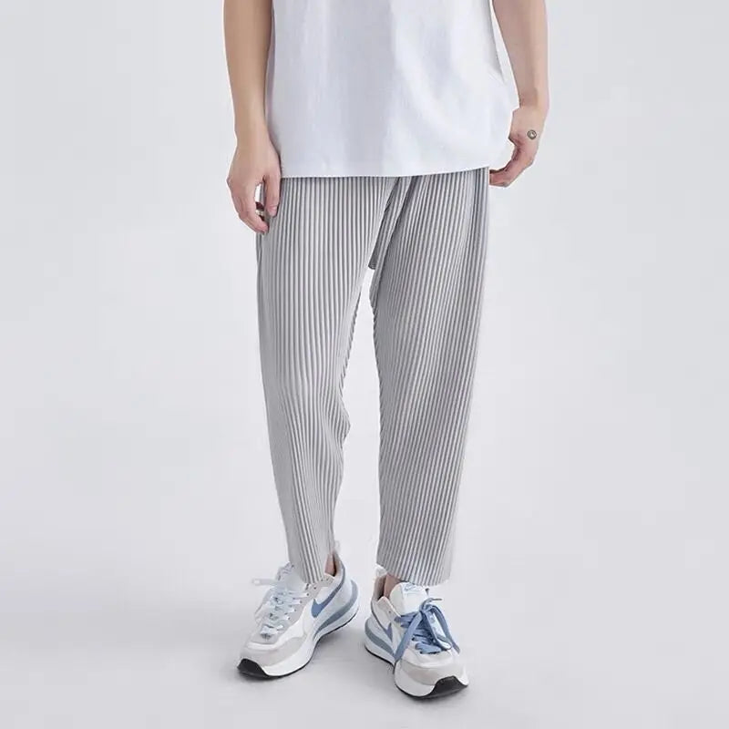 Riolio Summer Casual Pants Men Fashion Gray Black Straight Pants Men Japanese Streetwear Loose Pleated Pants Mens Ice Silk Trousers