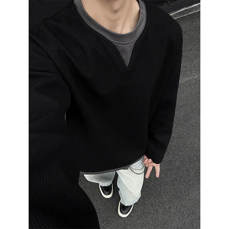 Riolio Spring Long Sleeved T-shirt Men Fashion Gray Black Checkered T Shirt Men Streetwear Korean Loose Round Neck T Shirt Mens Top