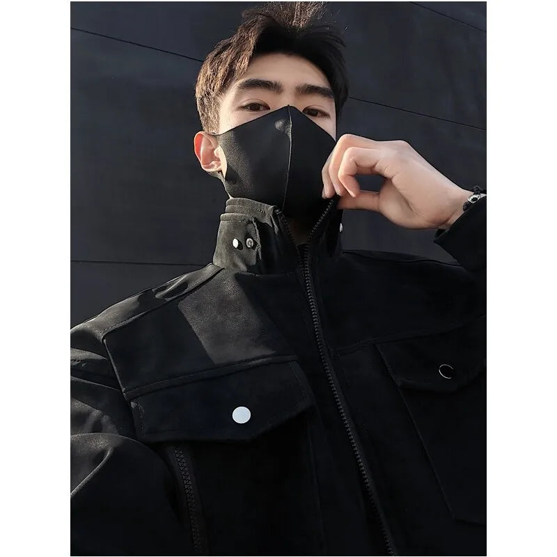 Riolio Mens Short Stand Collar Motorcycle Jacket Patchwork Cargo Biker Coat Spring Outdoor Riding Fashion Streetwear Urban Trendy