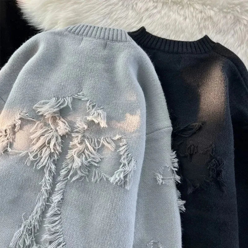 Riolio Y2k Streetwear Sweater Men New Retro Hole Fringed Sweater Loose Versatile Knitwear Pullovers Long Sleeve Jumpers Clothing