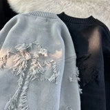 Riolio Y2k Streetwear Sweater Men New Retro Hole Fringed Sweater Loose Versatile Knitwear Pullovers Long Sleeve Jumpers Clothing