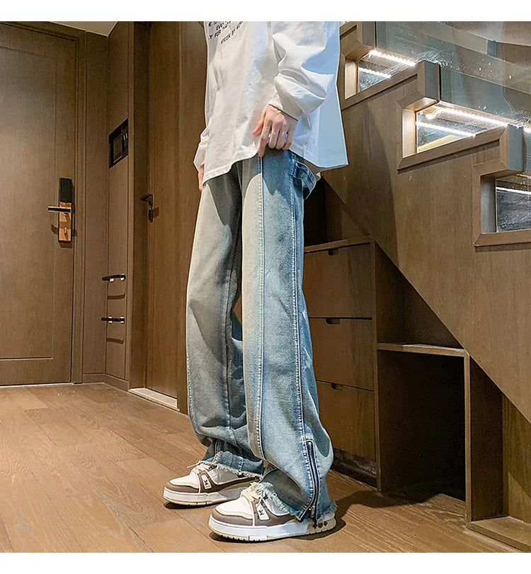 Riolio Men's jeans fashion Side Zipper Pants New Fashion men streetwear Jeans Loose Straight Denim Pant Mens  jeans homme hip hop