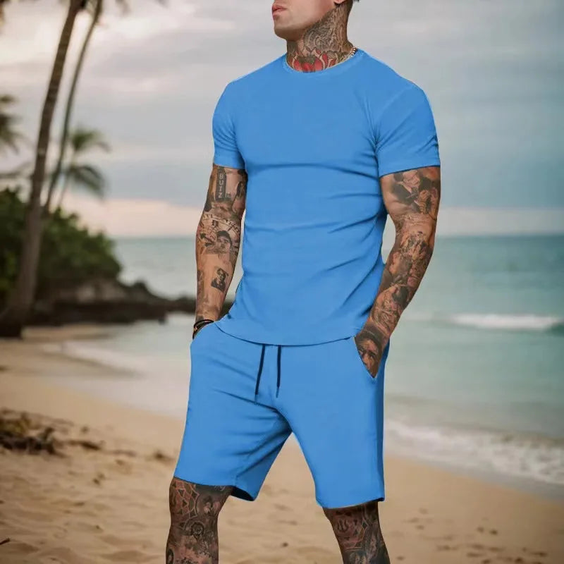 Riolio men summer outfits Fashionable and Casual Summer Outdoor Sports Suit Men's Breathable T-shirt Shorts Casual and Fashionable Two-piece Set