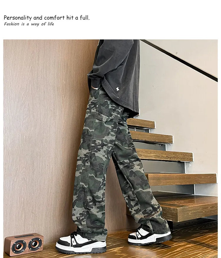 Riolio camouflage Jeans Men straight Pants patchwork male jean Fit Patchwork Streetwear Men's Trousers Denim Large size Hip Hop