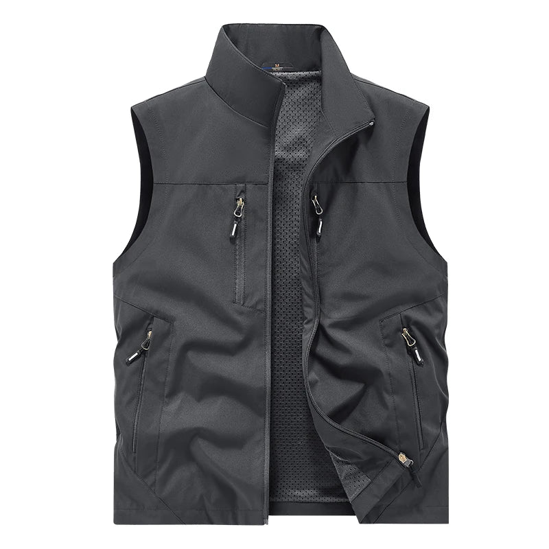 Riolio Summer Vest Jacket Waistcoats Male Breathable Men's Multi-pocket Fishing Photography New Vest Men's Thin Stand-up Collar Vest