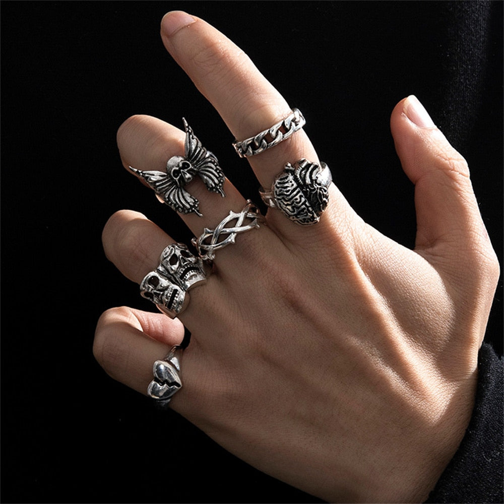 Riolio Gothic Skeleton Unisex Ring Set Punk Grunge Butterfly Frog Woman Man Jewelry Hip Hop Party Street Ring Accessories New Gift