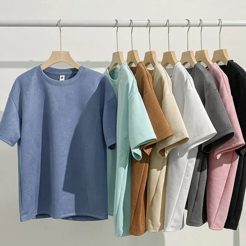 Riolio Summer Short Sleeve T-shirt Men Fashion Retro Suede T Shirt Men Streetwear Hip Hop Loose Round Neck Solid Color Tshirt Mens Top