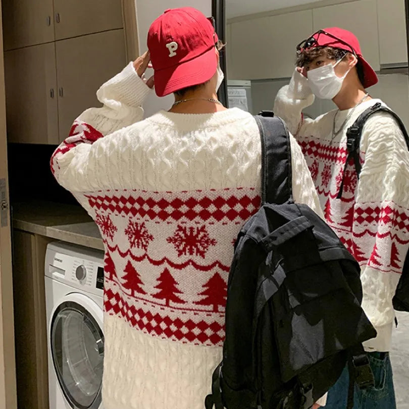 Riolio Christmas Knitted Sweater for Men Sweaters Korean Clothes Men's Products Round Collar Autumn Knit Winter Male New