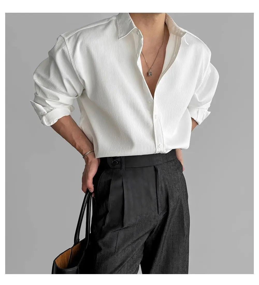 Riolio Lapel Pit Stripe Texture Long Sleeve Shirt Men's Casual Business Shirt High-end Drapery Light Versatile Top Male Blouse