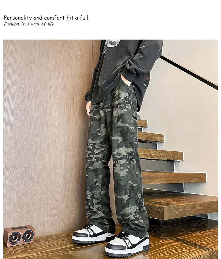 Riolio camouflage Jeans Men straight Pants patchwork male jean Fit Patchwork Streetwear Men's Trousers Denim Large size Hip Hop