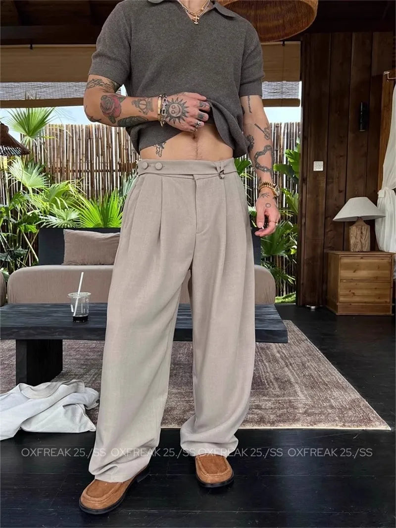 Riolio New Retro Fashion Men Suit Pants Light Luxury Draped Baggy Belt Button-down Solid Color Straight Trousers Elegant Dress Pants
