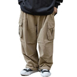 Riolio Multi-Pocket Cargo Pants Mens Safari Style Solid Color Pleated Loose Straight-leg Pants Elastic Waist Casual Trousers Men