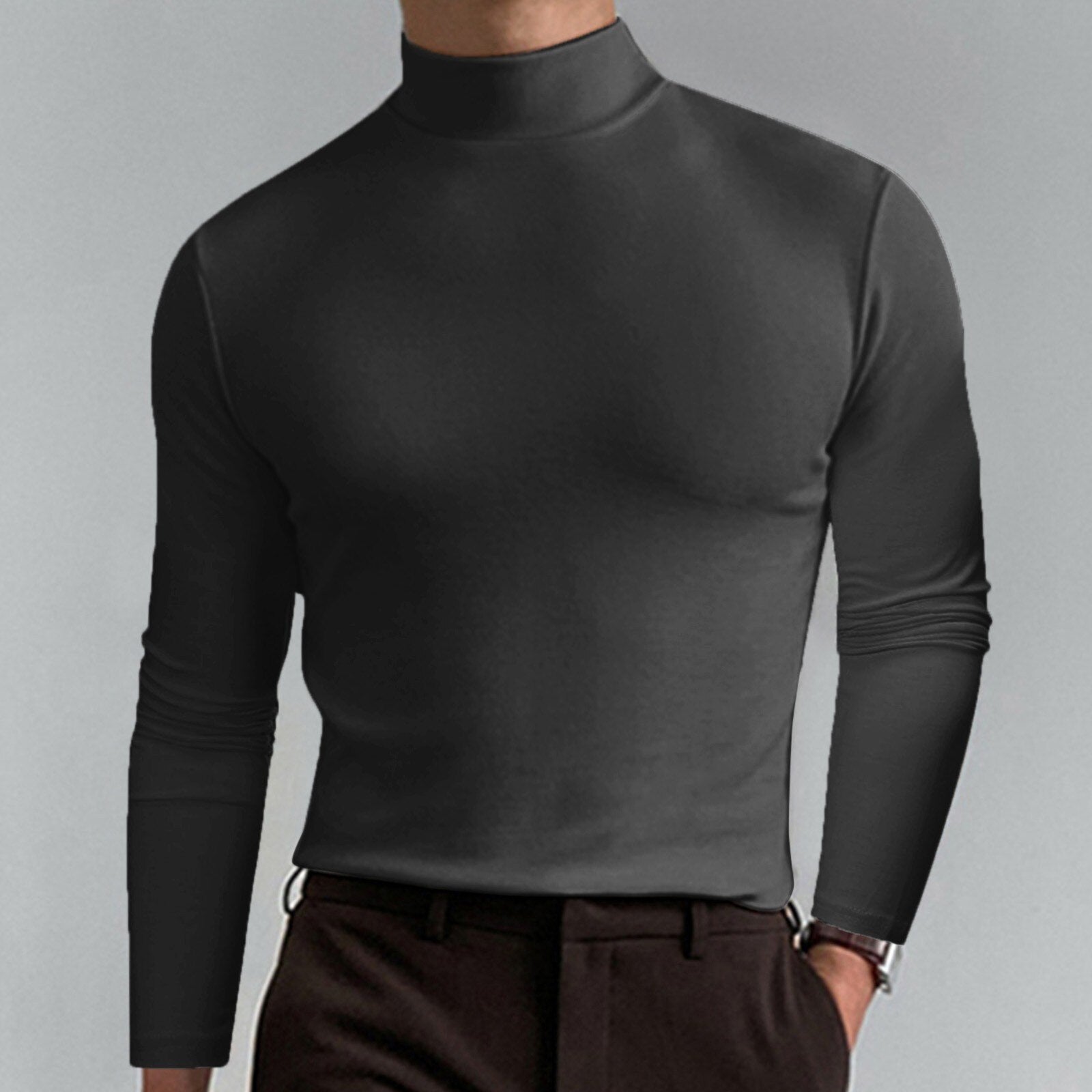 Riolio Turtleneck For Men Solid Colour Slim Elastic Thin Pullover Men Spring Autumn Turtleneck Men Knitting Basic Long Sleeve T-shirt