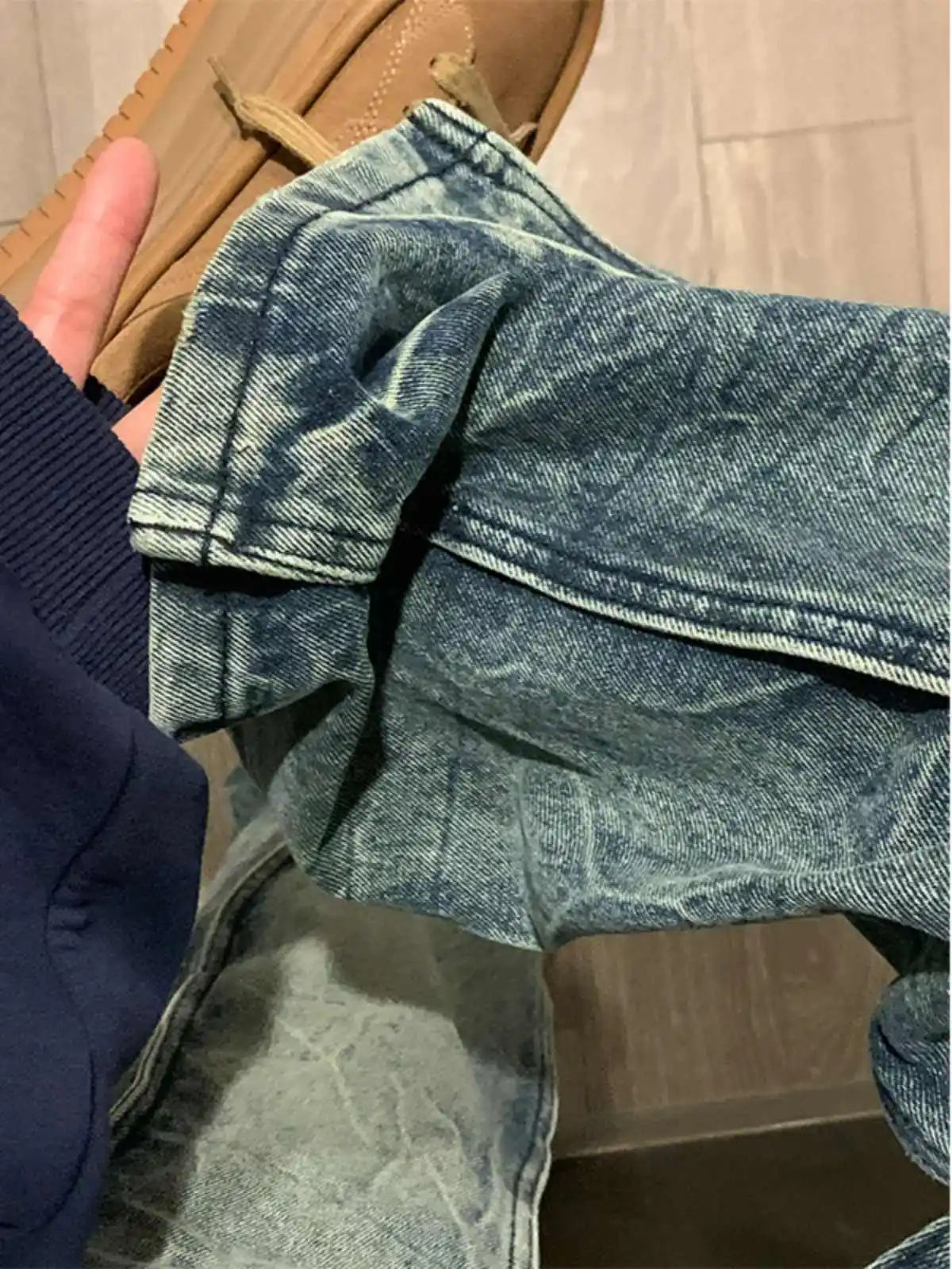 Riolio American Decosition Splicing Retro Blue Denim Pants High Street Hiphop Design Straight Leg Jeans for Teenagers Spring Season