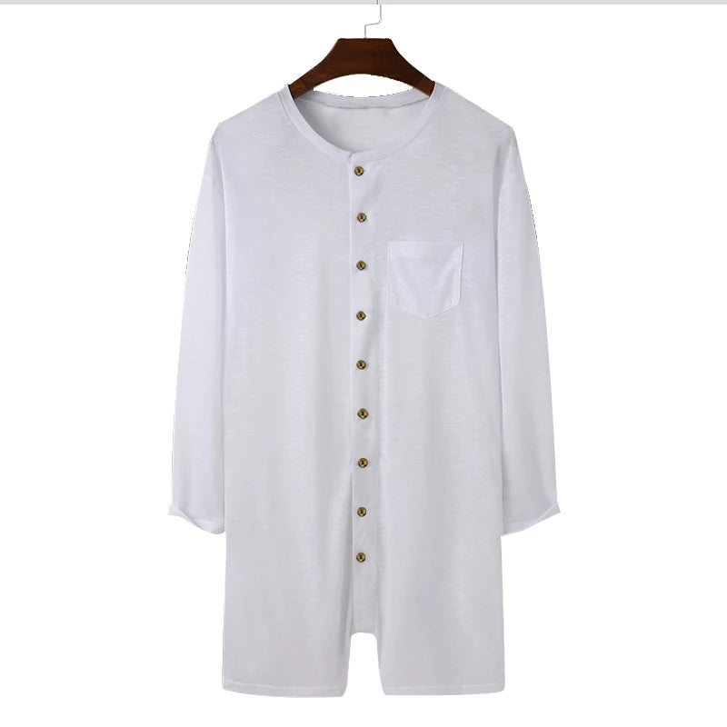 Riolio Sexy Pajamas Jumpsuit Men Solid Color Tight O Neck Long Sleeve T Shirt and Shorts New One-piece Buttons Home Clothes