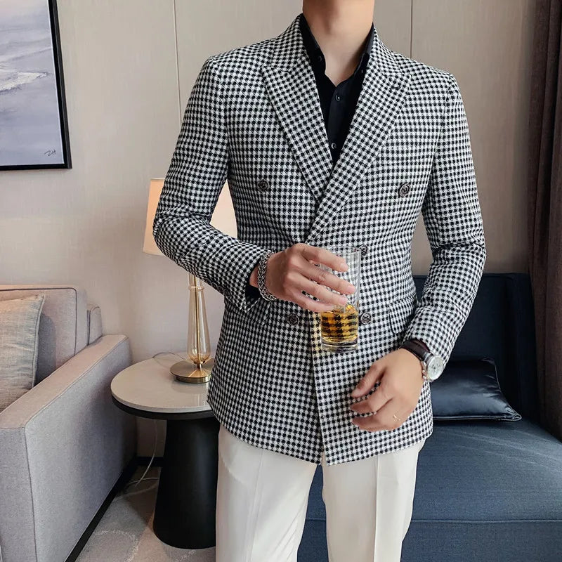 Riolio prom outfits for guys British Style Slim Fit Houndstooth Blazer For Men Fashion Double Breasted Business Office Wedding Dress Suit Jacket