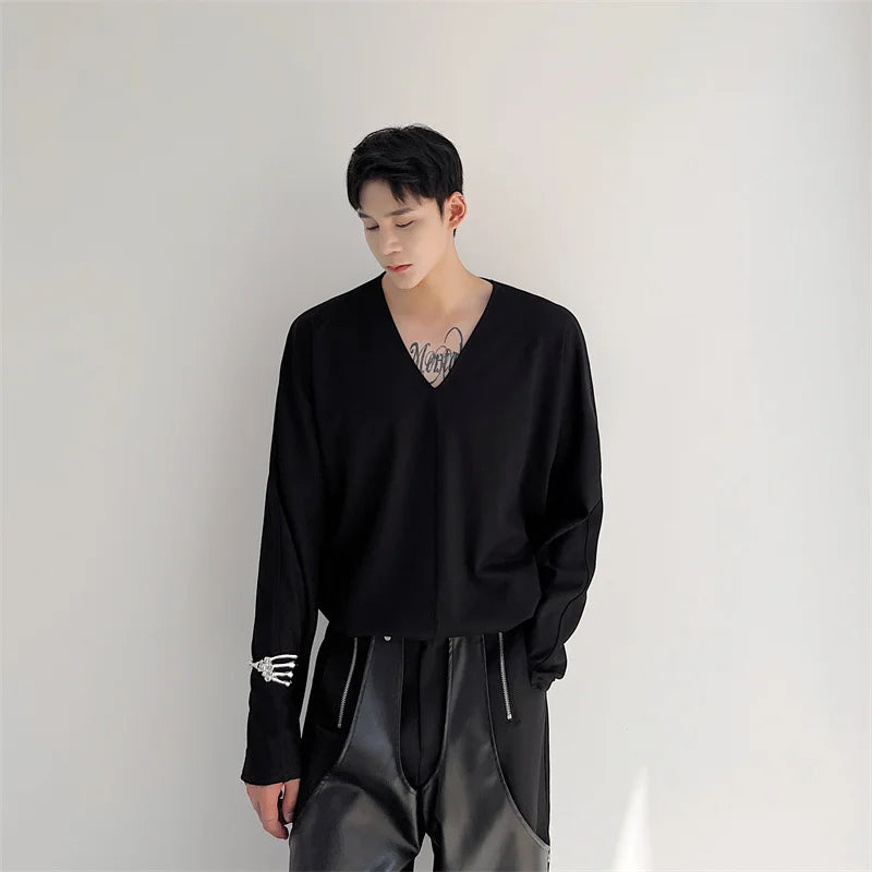 Riolio Men Casual T-shirt Long sleeves V neck shirt Solid color Sweatshirt Male Jogging Tracksuit Homme Athletic Shirt Tops