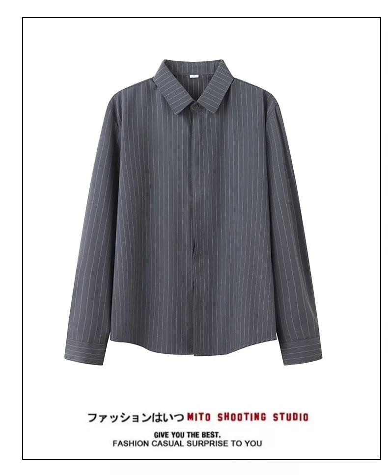 Riolio  New Naples Business Men Shirts Light Luxury Textured Lapel Striped Long Sleeve Cardigan Leisure Premium Commuter Blouse S-4XL