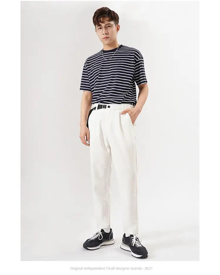 Riolio White Stretch Casual Ankle Pants Silhouette Men's Elegant Suit Pants Summer Korean Straight Loose Men's Smart Casual Trousers