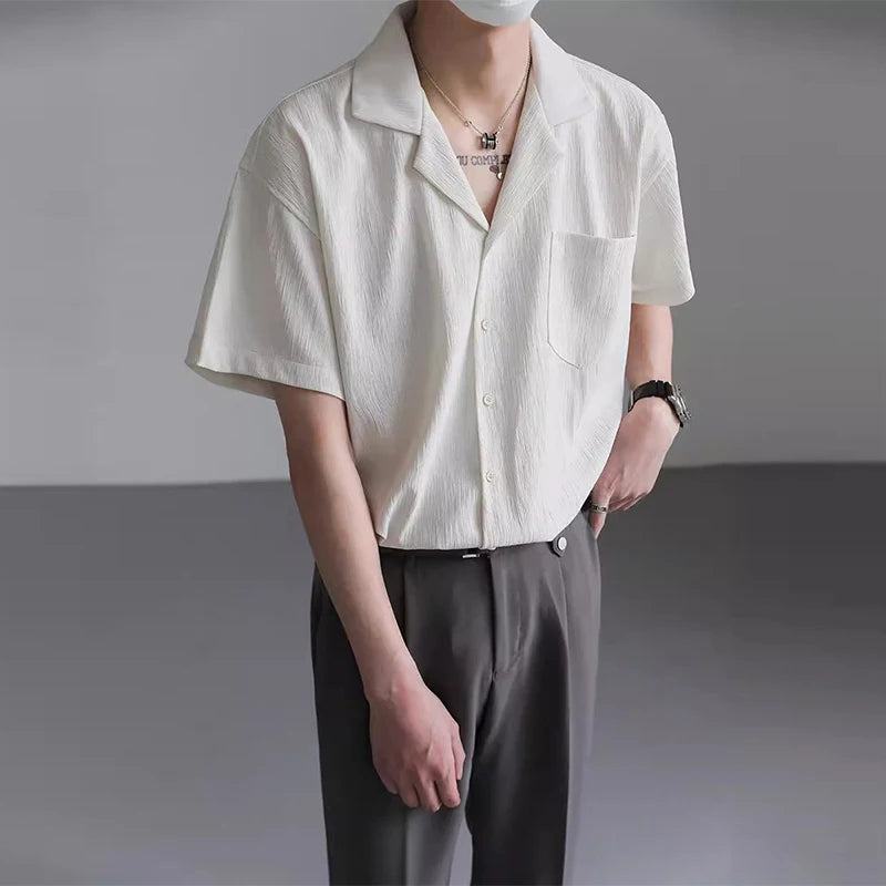 Riolio Summer Men's Clothing Light Luxury Suit Neck Shirt Korean Striped Short Sleeve Button-down Retro Fashion Streetwear Leisure