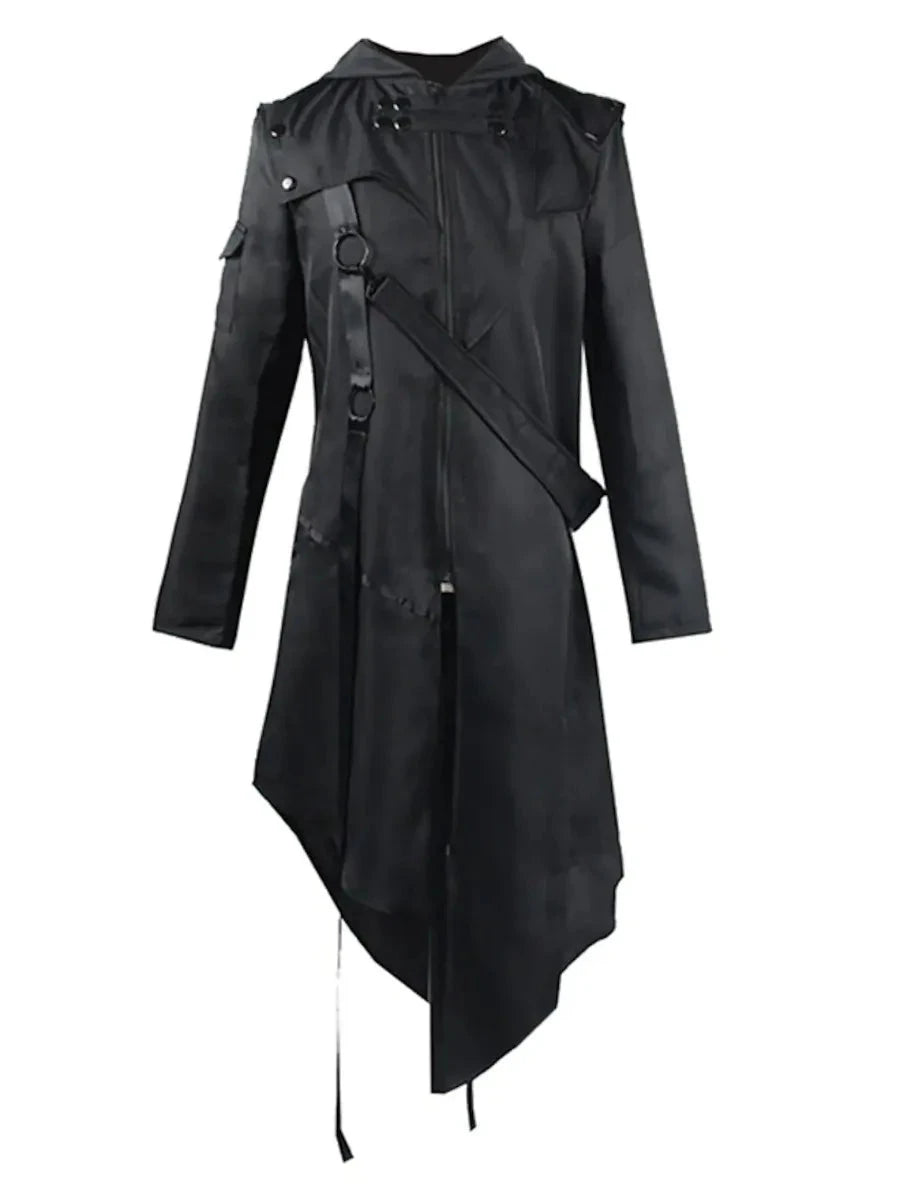 Riolio WELL DRESSED MEN New 2024 Men's Punk Style Irregular Trench Coats Black Gothic Long Hooded Jackets Halloween Man Cosplay Costume Large Size S-5XL