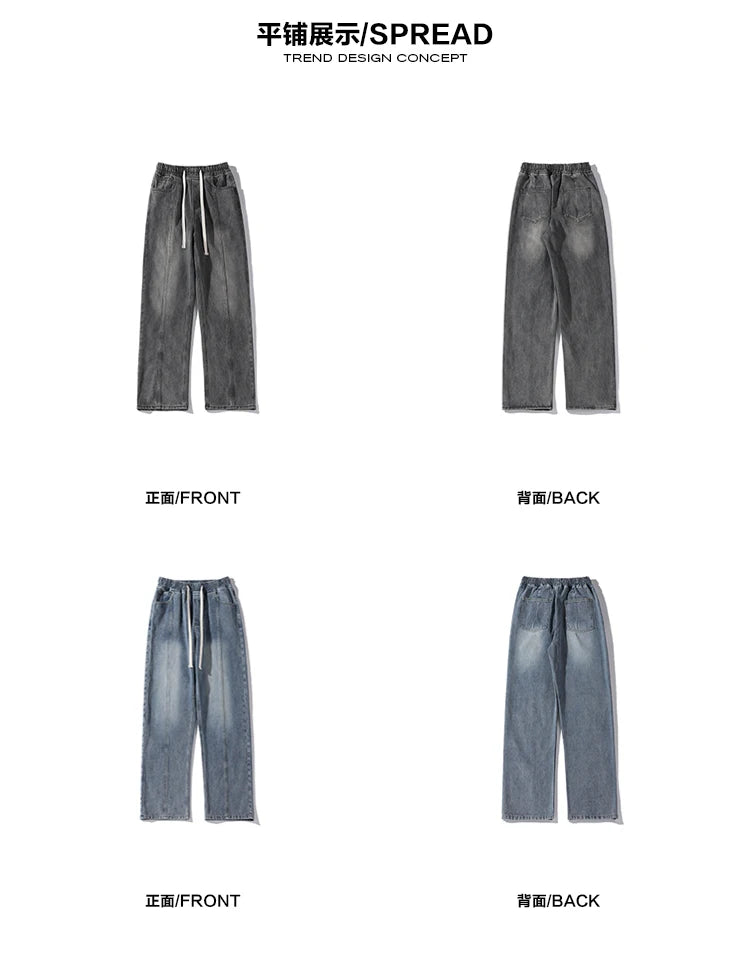 Riolio Jeans men Elastic waist Streetwear Fashion Jeans Black Spring New Men Women Wide Leg Straight Denim Trousers Plus Size 5XL-M
