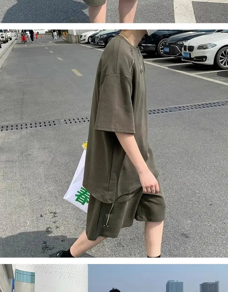 Riolio American Heavy Double Zipper Sports Suit Men's Summer Trendy Design Handsome Short-sleeved Shorts Casual Two-piece Set Urban