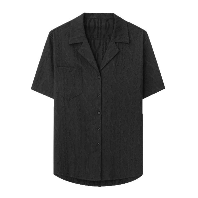 Riolio New Trend Men Cardigan Tops Textured Suit Collar Short Sleeve Shirts Leisure Jacquard Shirts for Man Luxury Style Premium Blouse