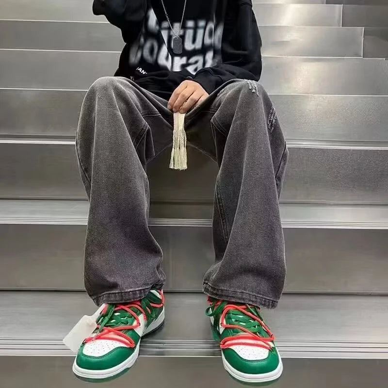 Riolio Men's Baggy Straight Leg Wide Leg Denim Pants Trend Concise Style Streetwear Trousers Daily Lace Up Design Hot Sale Jeans Male