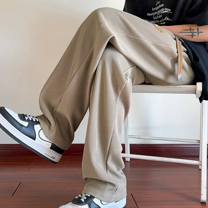 Riolio Summer Casual Pants Men Fashion Straight Ice Silk Pants Men Streetwear Hip-hop Loose Pleated Pants Mens Beige Trousers M-3XL