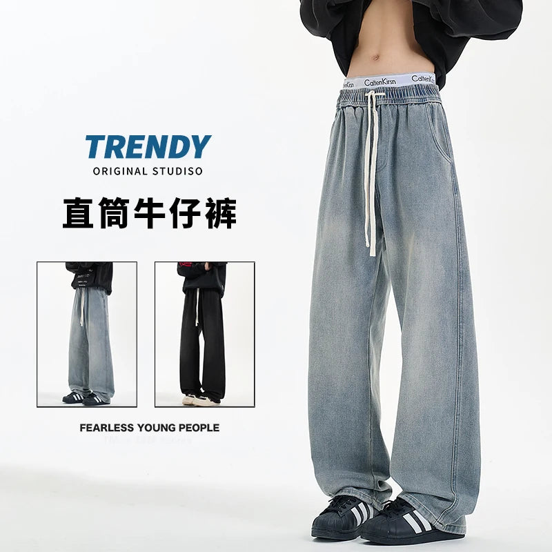 Riolio New Men's Jeans Washed Jeans Pants Unisex Drawstring Denim Pants Male Streetwear Korean Straight cylinder loose Cowboy Trousers