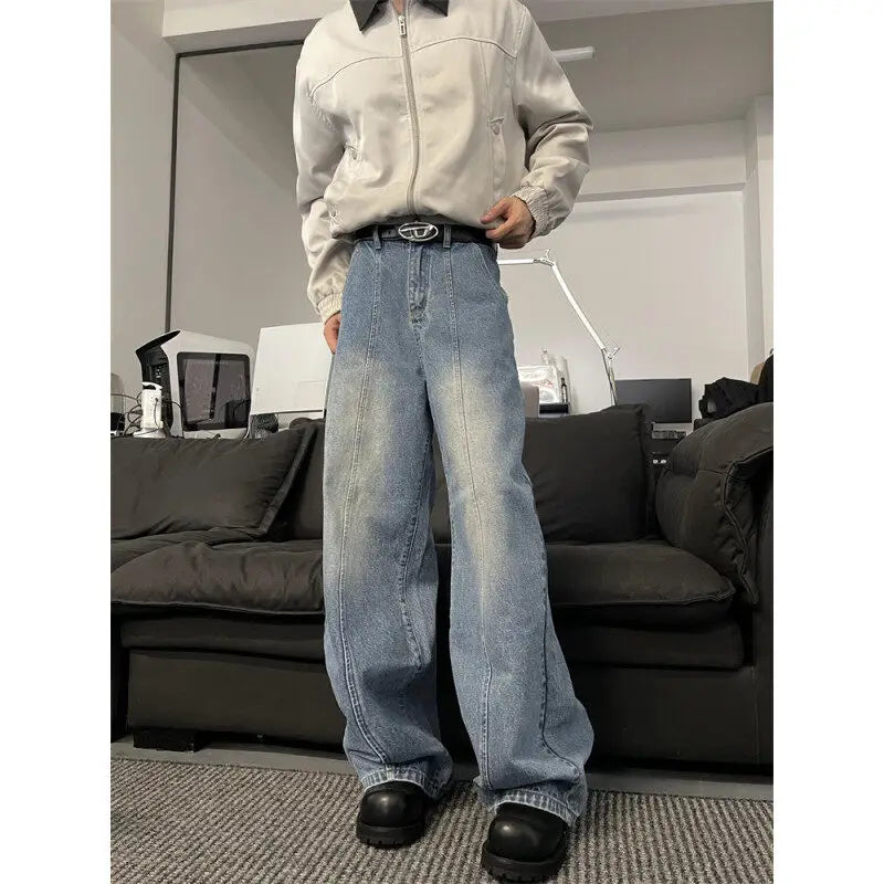 Riolio Jeans Men Loose Wide Leg Trousers Unisex low-rise jean Men's Denim Pants Old Blue Washed Male Jeans Straight Patchwork mop pants