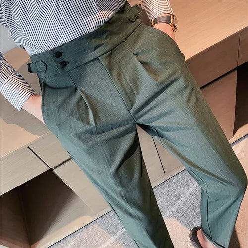 Riolio Fall High Quality Business Casual Draped High-waist Trousers Men Stripes Formal Pants Male Formal Office Social Suit Pants