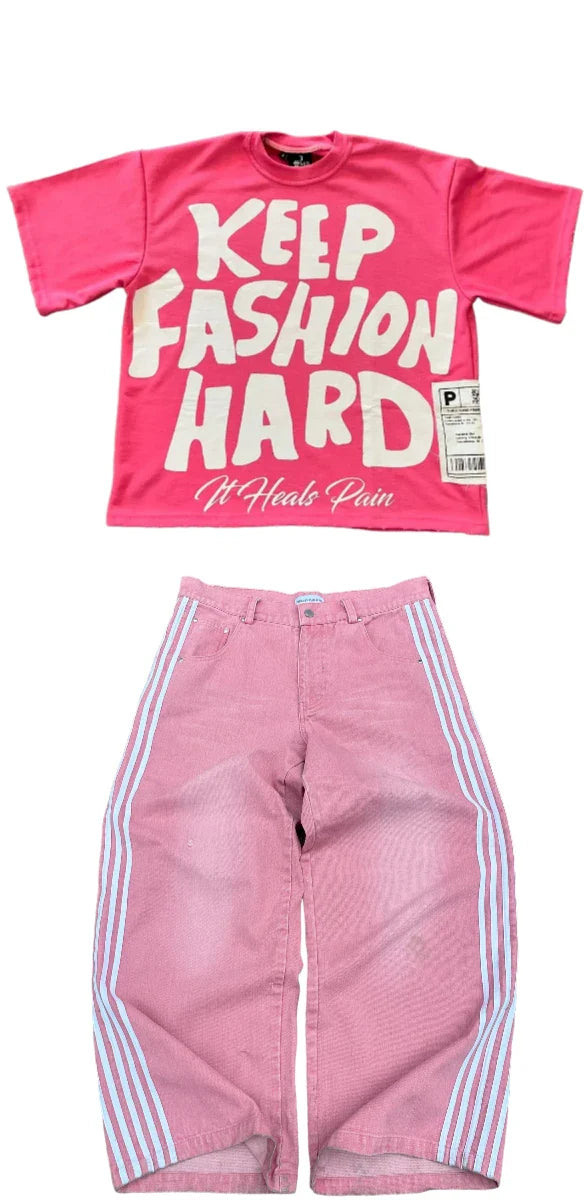 Riolio Harajuku Tapout and Wexwear Set Graphic Stripe Stitch Jeans Y2K Black Jeans Skate Pants tracksuit t shirt for men Streetwear