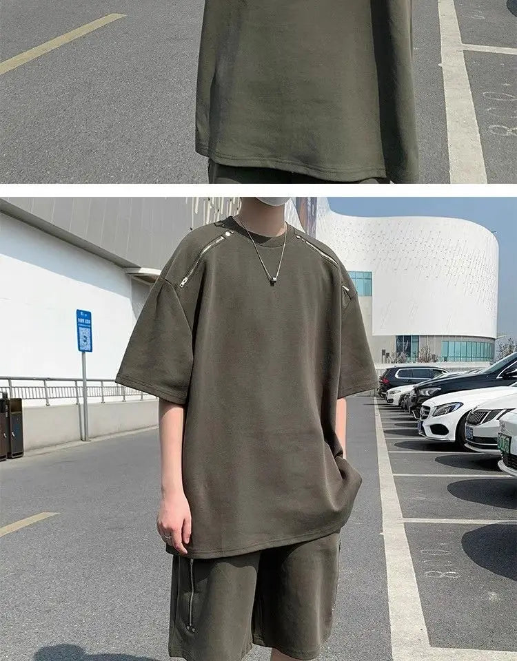 Riolio American Heavy Double Zipper Sports Suit Men's Summer Trendy Design Handsome Short-sleeved Shorts Casual Two-piece Set Urban