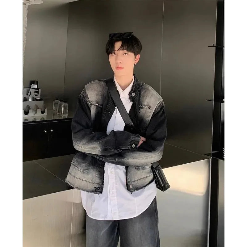 Riolio Autumn Denim Set Men Denim Jacket +Wide Leg Straight Jeans Casual Loose Solid Color Korean Style Street Stand Collar 2pcs Suit