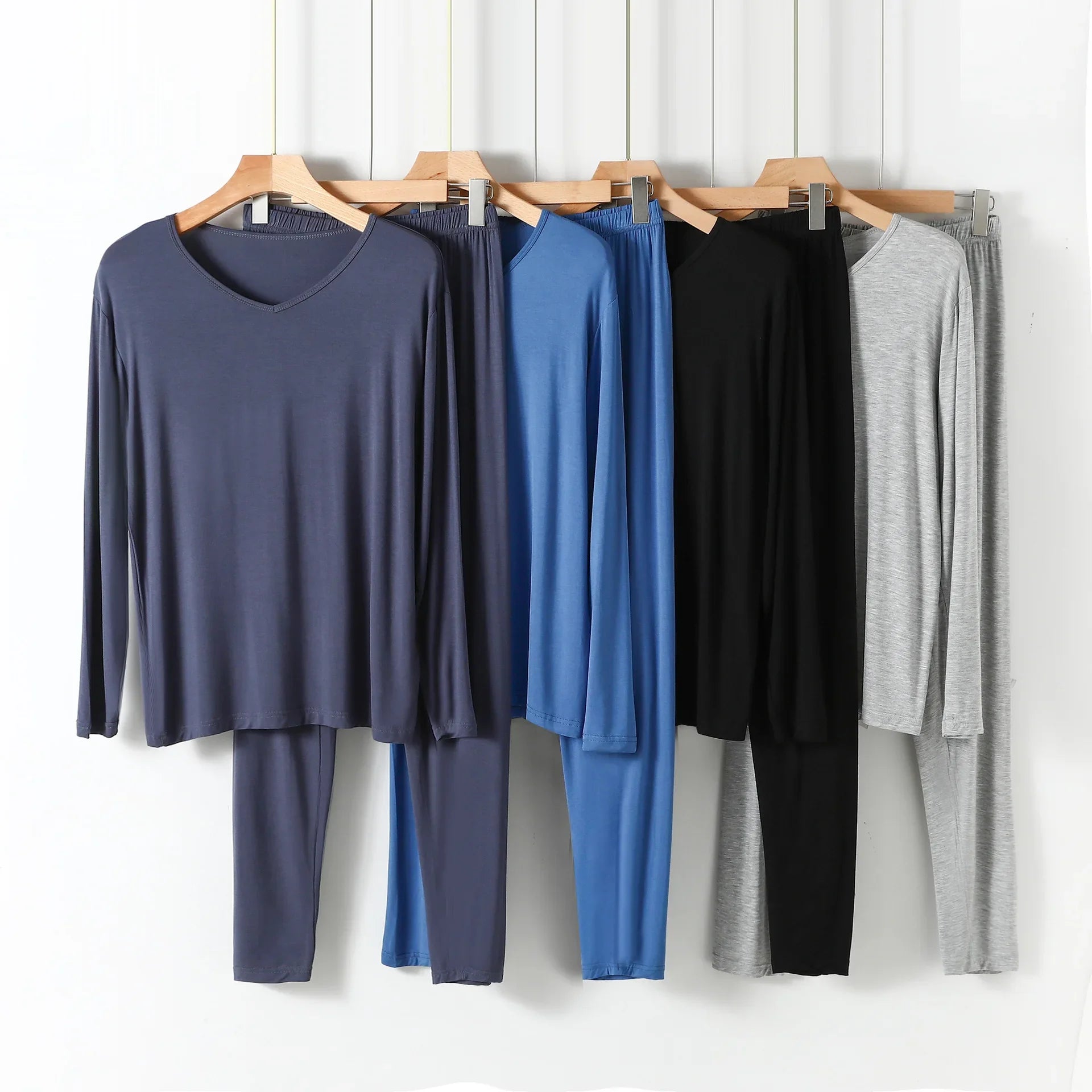 Riolio Modal Men's Homewear Pajamas V-neck Long Sleeve Pants Set Draping Smooth Elastic Comfortable Sleepwear Pyjama Homme