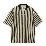 Riolio Preppy Retro Shirt Double-paired V-neck Striped Short-sleeved T-shirt Loose Casual Embroidered Letter Printed Shirt