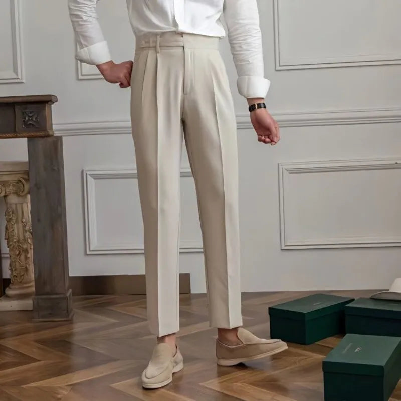 Riolio High Waist Pleated Man Suits Pants 9 Cropped Business Social Tailoring Quality Fabric Trousers for Men Classic Dress Elegant Up