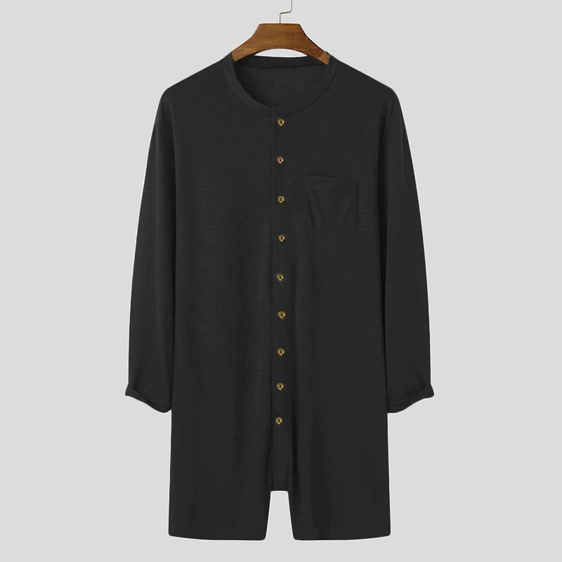 Riolio Sexy Pajamas Jumpsuit Men Solid Color Tight O Neck Long Sleeve T Shirt and Shorts New One-piece Buttons Home Clothes