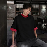 Riolio Men Loose Fit Round Neck Contrast Collar Tshirt Trendy Streetwear Casual Comfort Top Unique Style Summer Fashion Daily Wear