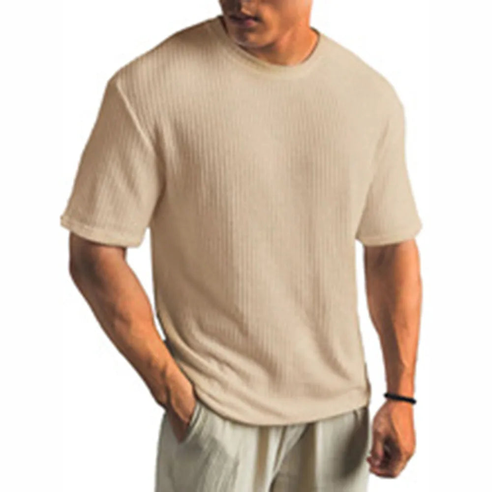 Riolio Mens Waffle Casual Breathable T-Shirt Summer New Fashion American Streetwear Simple Versatile Solid Color Top Unisex