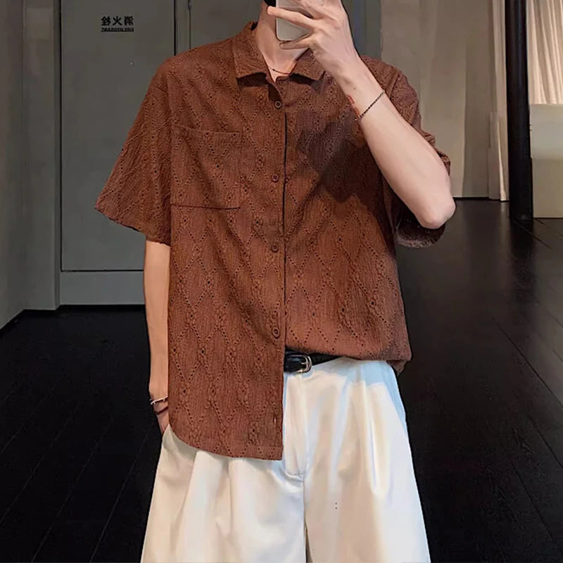 Riolio Summer Men's Clothing Light Luxury Jacquarded Suit Collar Shirts Streetwear Button-down Short Sleeve Retro Leisure Fashion M-3XL