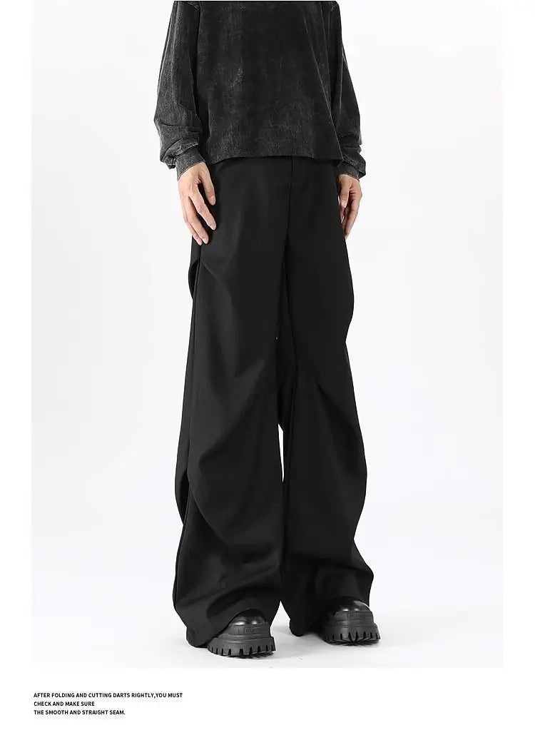 Riolio American High Street Pleated Pants Floor Mopping Micro Trumpet Black Trousers Luxury Sense Clean Fit Casual Curved Knife Pants