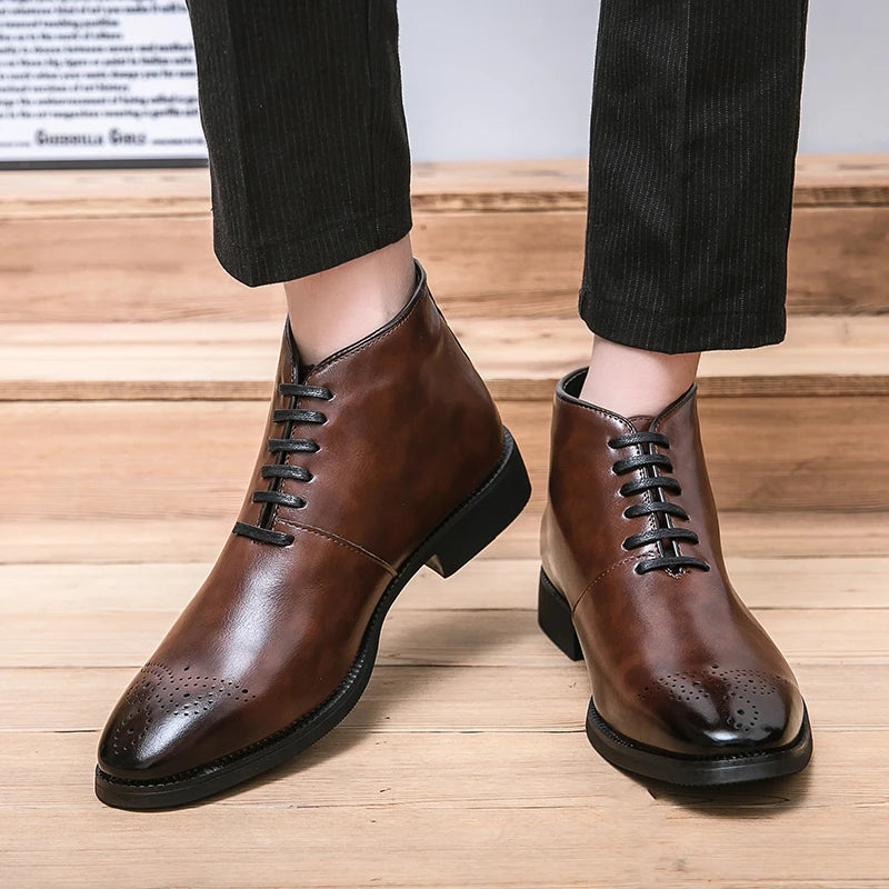 Riolio Men Perforated Detail Lace-up Front Dress Boots Business Office Dress Shoes