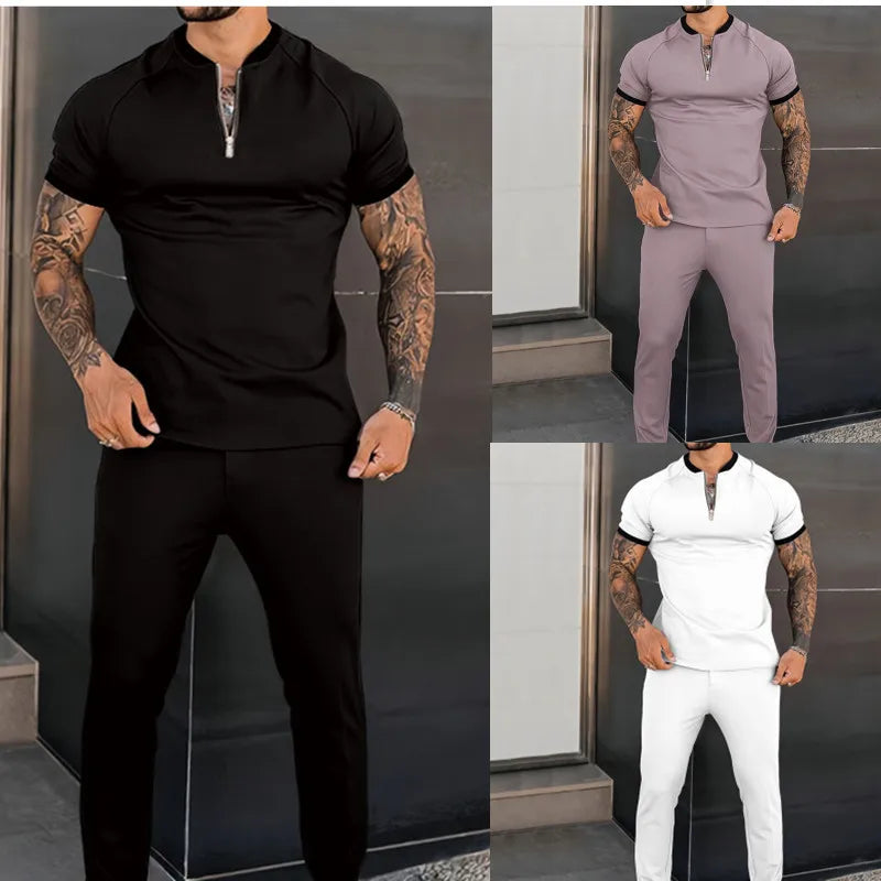Riolio Summer Popular Men's Short-sleeved Trousers Suit Slim and Trendy Youth Casual Sports Suit