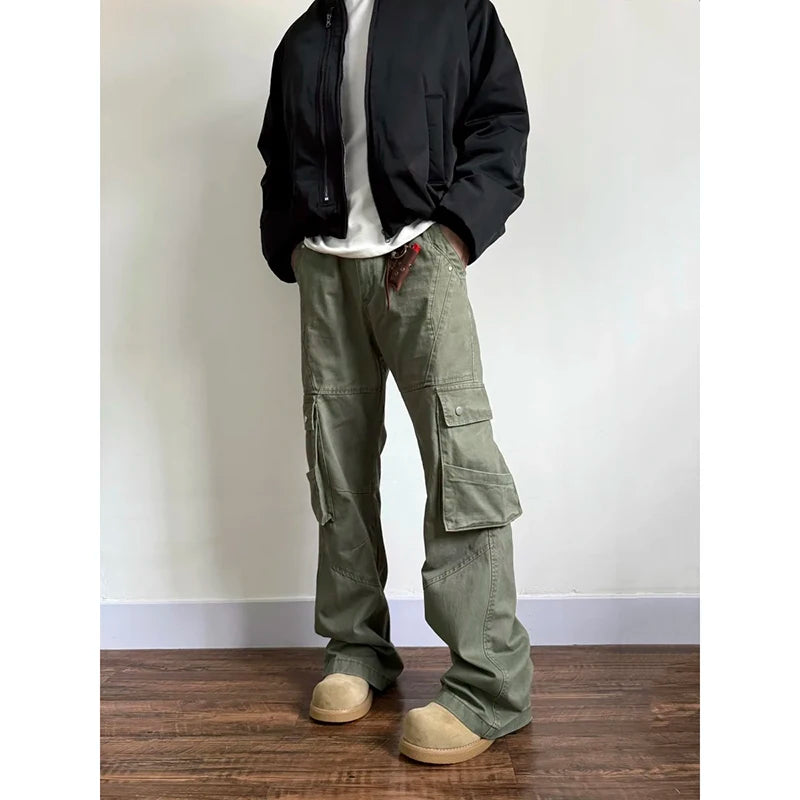 Riolio Men's Green Cargo Pants Baggy Harajuku Streetwear Straight Pants Y2k 2000s Parachute Pants Vintage Trousers Clothes Fashion