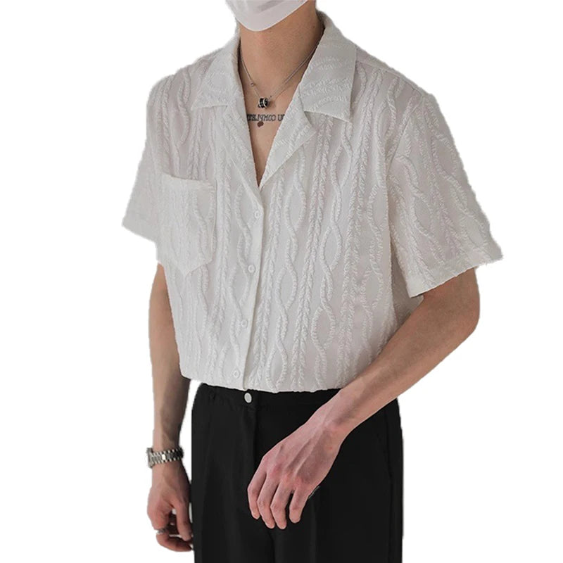 Riolio New Trend Men Cardigan Tops Textured Suit Collar Short Sleeve Shirts Leisure Jacquard Shirts for Man Luxury Style Premium Blouse