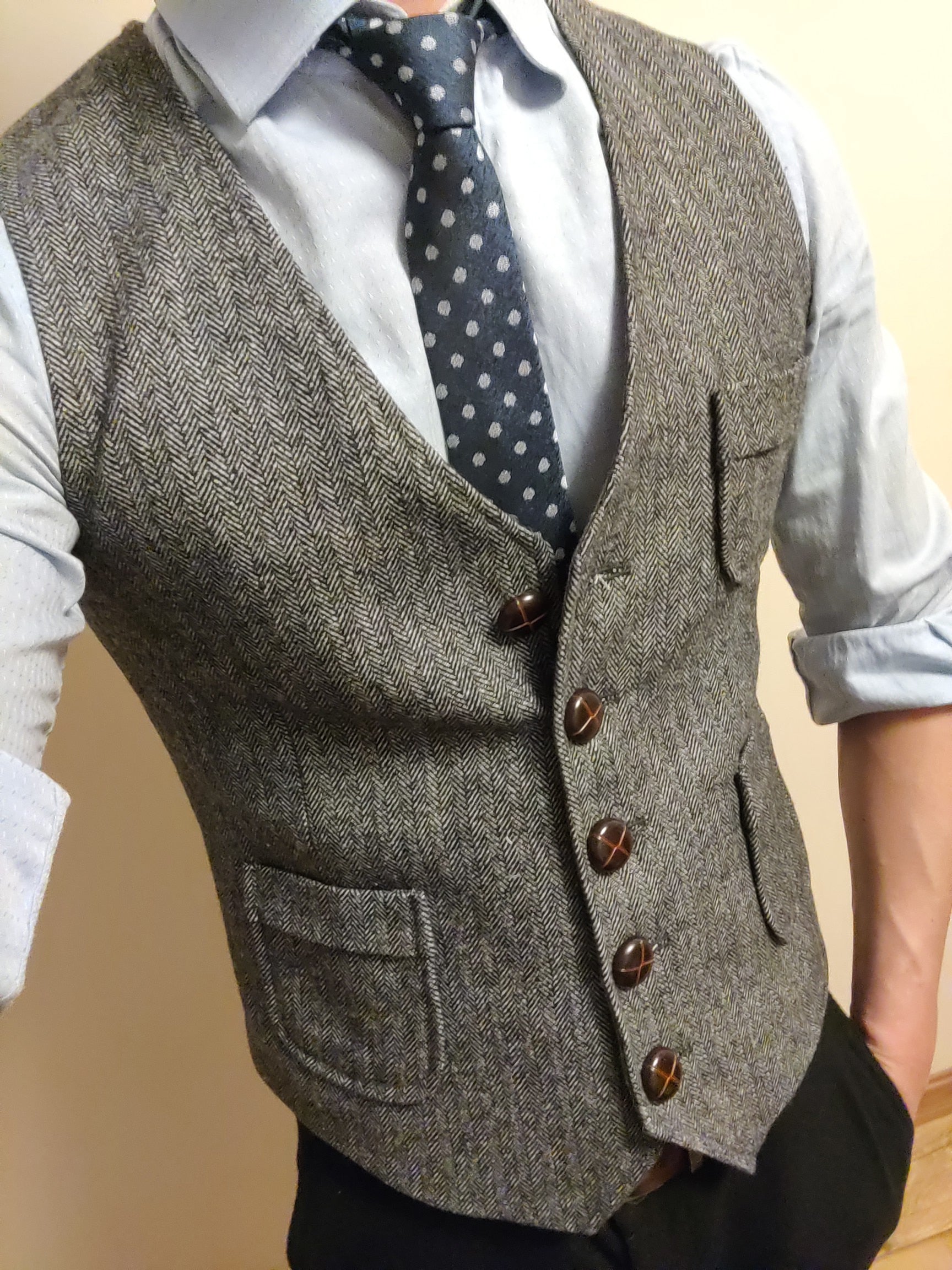 Riolio Men's Formal Suit Vest V-Neck Tweed Herringbone Waistcoat Business Dress Suit Vests for Wedding
